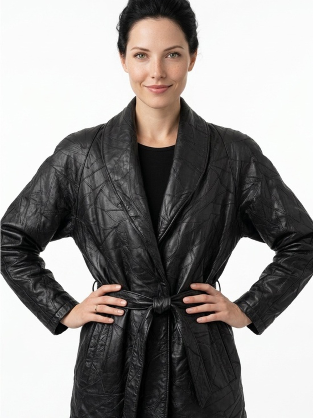 NWOT |•NAVARRE LEATHER COMPANY•| Italian Leather Patchwork Belted Jacket Size L